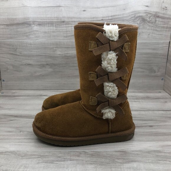 Koolaburra Boots Kids Girls 2 Brown Suede Pull On Lined Winter - Picture 2 of 11